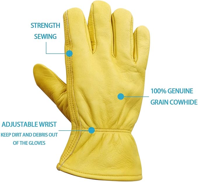 Nobrand Leather Work Gloves Stretchable Wrist Tough Cowhide Safe Working Glove (3, Large)