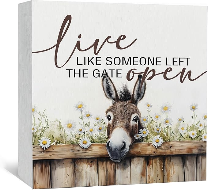 Donkey Signs - Farm Cottagecore Animal Office Kitchen Bedroom Decor,Rustic Farmhouse Live like Someone Left the Gate Open Home Decor Wooden Signs,Donkey Gifts for Women,8x8