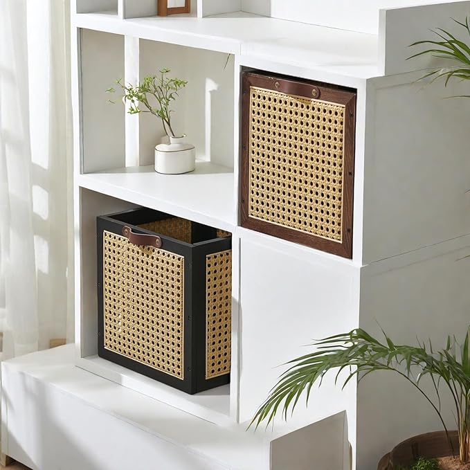 Rattan Storage Cubes Wooden Storage Baskets Boxes Decorative Natural Handmade Bohemian Solid Wood Woven Wicker Cane Bin Closet Shelf Clothes Organizer Books Magazine Holder (Walnut)
