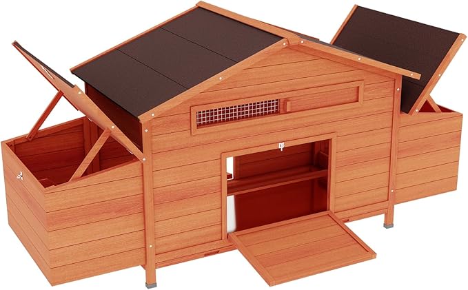 Wooden Chicken Coop for 2-4 Chickens, Large Outdoor Chicken House with Dual Nesting Boxes, Free Range Doors, Leakproof Pull Out Tray, Poultry Hutch for Backyard, Brick Red