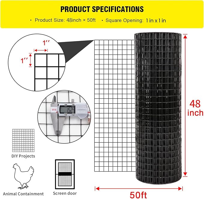 48'' x 50' 1inch Hardware Cloth 16 Gauge Black Vinyl Coated Welded Fence Mesh for Home and Garden Fence and Home Improvement Project