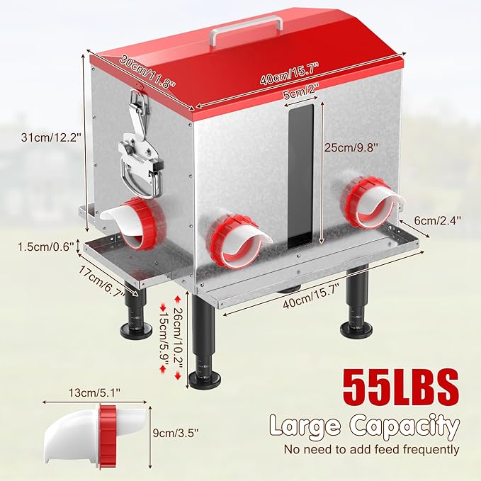 Pawaboo 55LBS Large Capacity Automatic Chicken Feeder - 2026 Upgraded No Waste Poultry Feeder, 7 Feeding Ports, Viewable Feed Level Window, Height-Adjustable Legs + Wobble-Free Stability