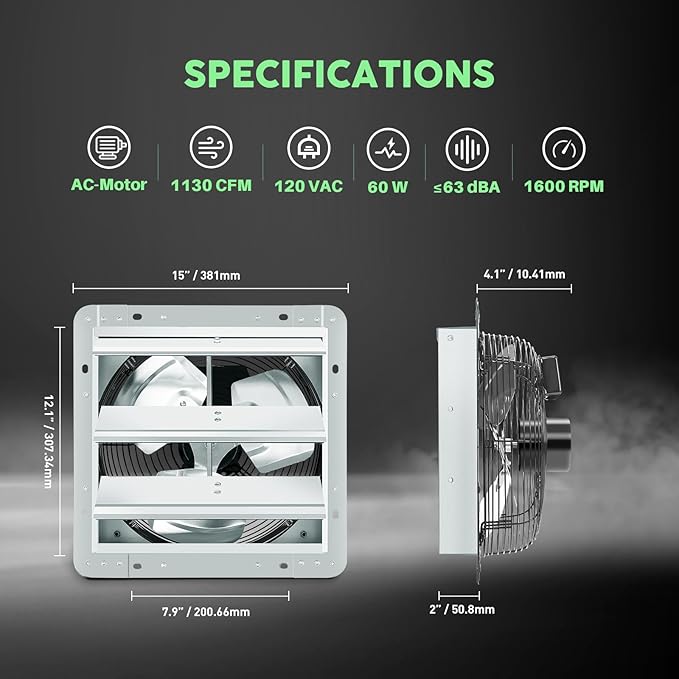 YOZON 12" Shutter Exhaust Fan with Speed Controller, Wall Mounted Wall Exhaust Fan, Automatic Shutter, High Speed, 1130CFM, Vent Fan for Garage, Greenhouse, Shed, Chicken Coop and Workshop - Silver