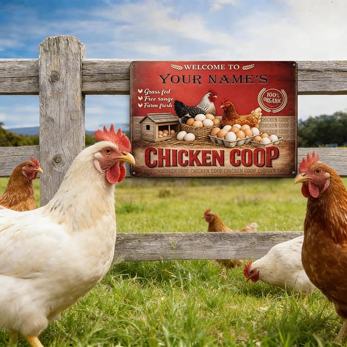 Custom Your Name Chicken Coop Sign Welcome To Your Farm Fresh Eggs Hens Personalized Metal Tin Plaque Vintage Rustic Wall Decor Barn Backyard Gift