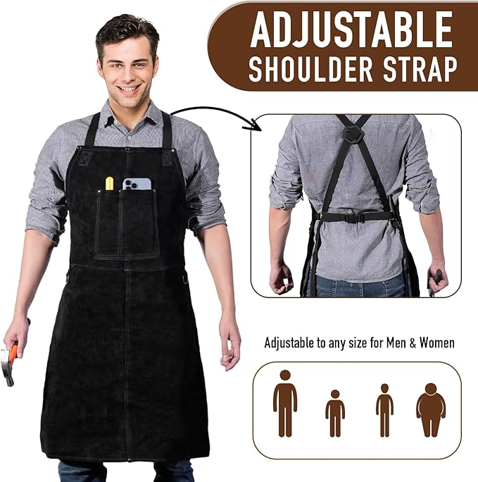 Leather Welding Work Apron - Heat Resistant & Flame Resistant Bib Apron, Flame Retardant Heavy Duty BBQ Apron