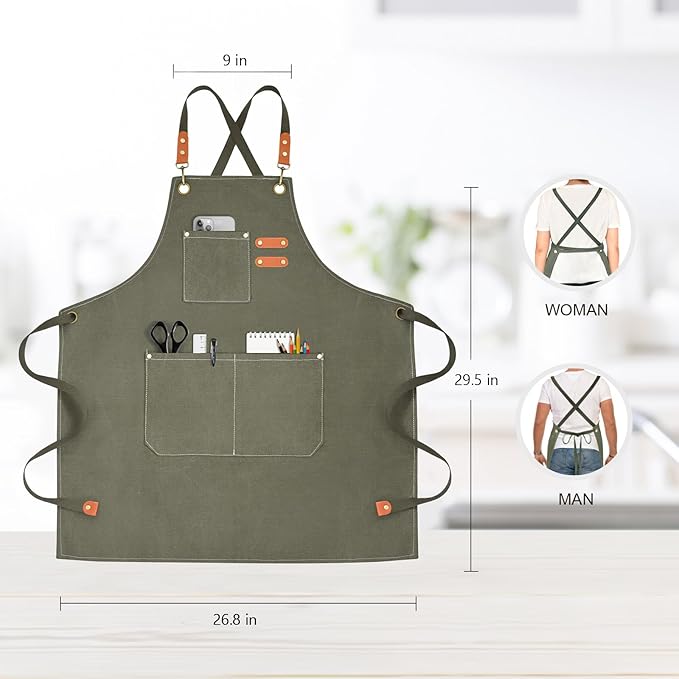 Chef Apron for Men Women Canvas Aprons with 3 Pockets Cross Back Resistant Work Apron for Cooking