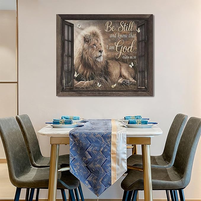 Lion Wall Art Rustic Farmhoues Christian Lion Wall Decor Lion Of Judah Pictures Canvas Prints Artwork Inspirational Psalm Scripture Gifts Home Decorations For Bathroom Kitchen Office Framed 24"x20"