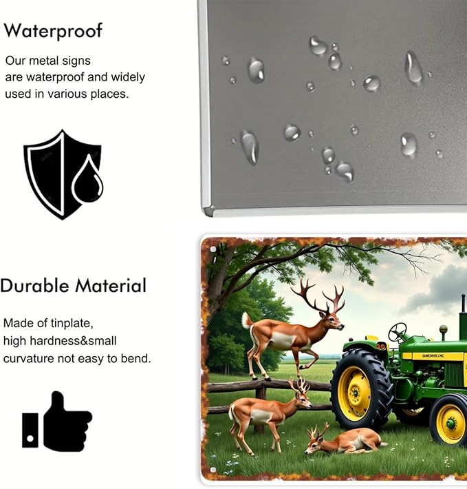 Deer And Tractor Vintage Farm And Wildlife Metal Sign Print Aesthetic for Garden Yard Bar Porch Home Bedroom Kitchen Wall Decor Gift 8 X 12 in