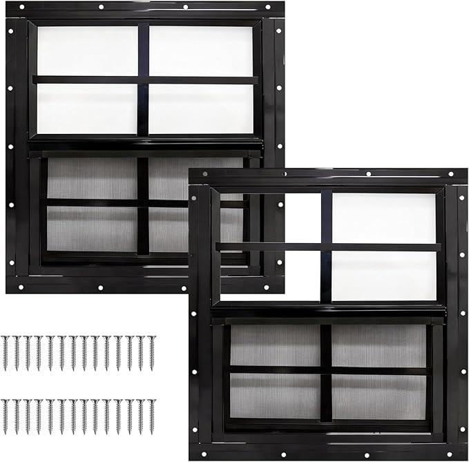Yuzzy Shed Windows 2 Pack, Chicken Coop Windows 24" x 24" with Tempered Glass and Fiberglass Screen, Flush Mounted Small Window for Shed, Barns, Playhouse, Household, Garage (Black)