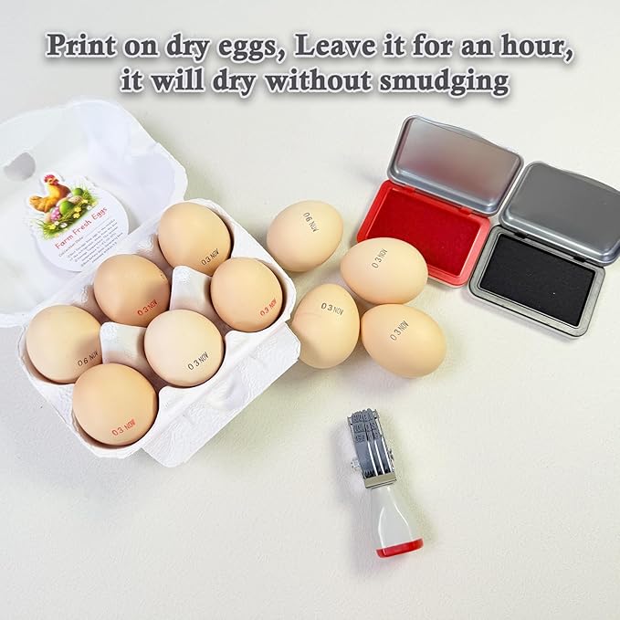 Egg Dater Kit, Date Stamp, 2 Fade-Resistant Inks (Red & Black), Stamper Pad, 50 Farm Fresh Eggs Instructions, for Chicken Duck Turkey Goose Eggs