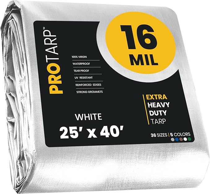 PROTARP Extra Heavy Duty 16 Mil Tarp Cover, Waterproof, UV Resistant, Rip and Tear Proof, Poly Tarpaulin with Reinforced Edges for Roof, Camping, Patio, Pool, Boat. (White 25′ X 40′)