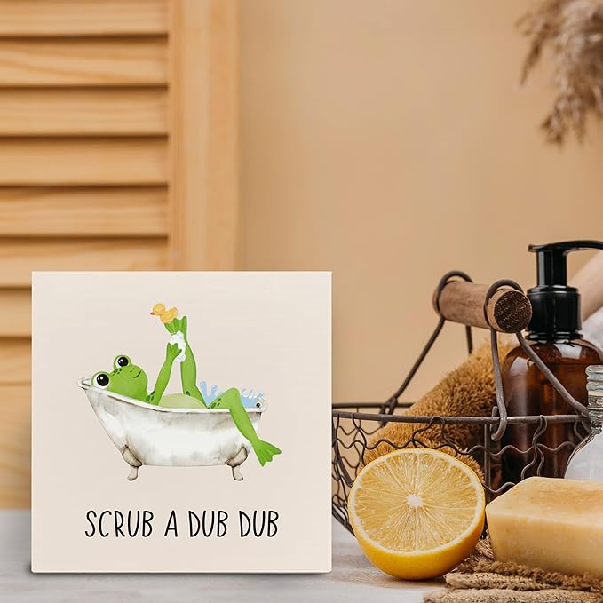 Frog Wooden Box Sign - Frog Kids Bathroom Decor, Frog Gifts, Frog Decorations for Home, Frog Home Decor, Scrub a Dub Dub Frog Wooden Box Sign for Bathroom Shelf Desk Table 5x5 Inch