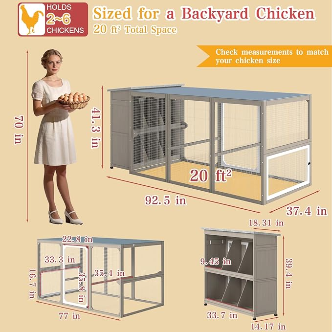 93.6"L Outdoor Large Chicken Coop with Run for 6–8 Chickens, Wooden Hen House with 6 Nesting Boxes, 4 Lockable Egg Doors,Asphalt Roof,Waterproof Oxford Run Cover Chicken Hutch for Backyard Lawn