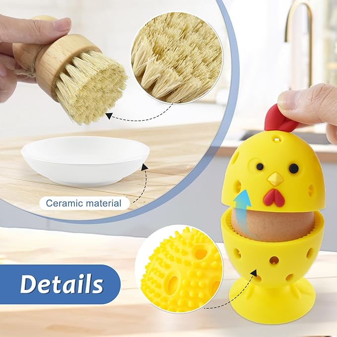 Silicone Egg Brush Cleaner,Multipurpose Fresh Eggs Fruit and Vegetable Rotating Scrubber Tool,and Sisal Wooden Brush with Ceramics Holder Reusable Cleaning Tools for Cleaning Eggs&Vegetables, Pans