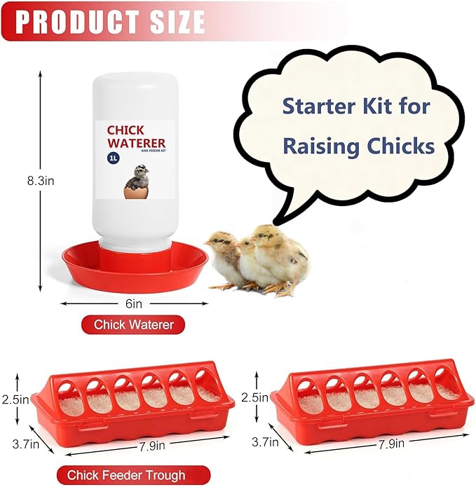 Chick Feeder and Waterer Set, 3 Pcs Baby Chicken Supplies with Chicks Feeder Trough and 1L Waterer, Chicken Starter Kit for Small Poultry Ducks Quail Coop