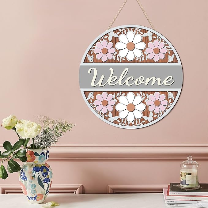 CHDITB 3D Flower Welcome Front Door Sign (12''x12''), Farmhouse Daisy Wooden Cutout Door Decor, Rustic Carved Welcome Spring Wall Hanging for Porch Garden Fence Flower Shop Decoration