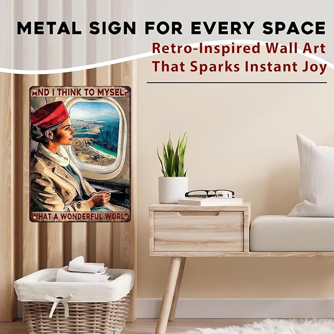 Travel Enthusiast Tin Plaque Rustic Wall Art Vintage Airplane Decor What A Wonderful World 12x16inch