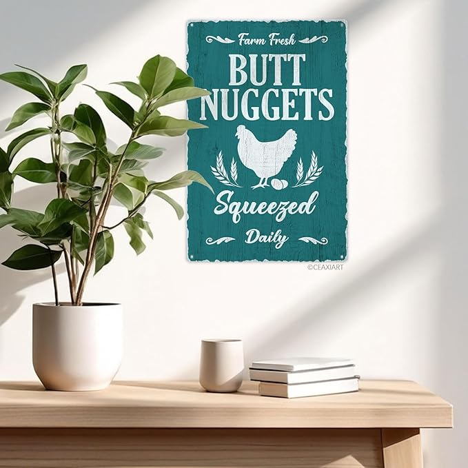 Farm Fresh Butt Nuggets Tin Sign Chicken Coop Vintage Metal Hanging Plaque for Farm Barn Yard Garden Egg Market Kitchen Bar Home Wall Decor Hen House Accessories Outdoor 12x8 Inch