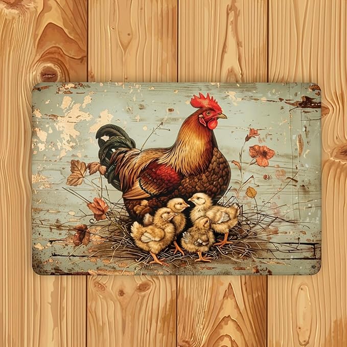 Vintage Rooster and Chicks Metal Tin Sign: Rustic Farmhouse Decor, Perfect for Coffee Shops, Restaurants, and Patios - 1 Piece, 12x8 inches
