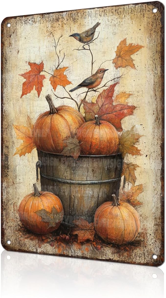 Autumn Harvest Metal Sign Vintage Pumpkin Birds Tin Sign Rustic Farmhouse Wall Decor for Home Cafe and Garden Indoor Outdoor Use 8x12Inch