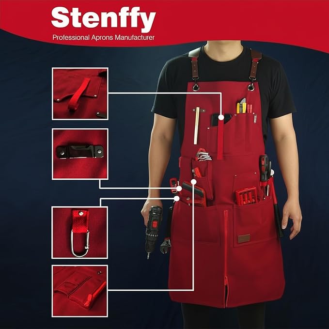 Woodworking Apron, Tool Apron, Canvas, Multiple Pockets, Adjustable Zipper, Metal Ring, Tape Measure Clip, Plus Size, Red