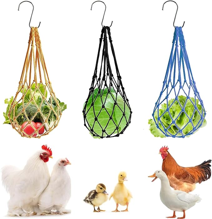 3pcs Hanging Chicken Feeder, Chicken Vegetable String Bag, Poultry Fruit Holder, Chickens Vegetable Hanging Feeder, Cabbage Treat Feeding Tool for Poultry Hens Duck Goose Large Birds