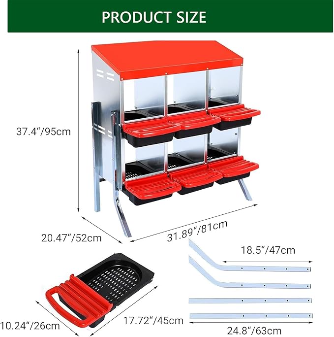 Chicken Nesting Boxes, 6 Holes Metal Chicken Egg Laying Box with Swing Perch and Rollout Egg Collection,for Various Chicken Breeds with Stand - Red 0.6mm