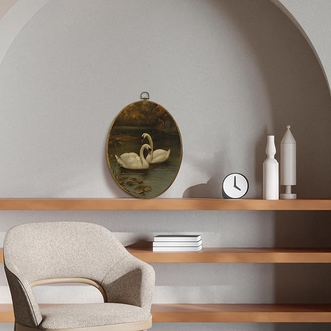 CUANFDDSF Vintage Swan Oval Wall Art Decor, Modern Farmhouse Swan Wall Hanging Decor, Moody Cottagecore Farmhouse Antique Animal Framed Canvas Prints for Home Bedroom Living Room, 8.6x11.4 Inch