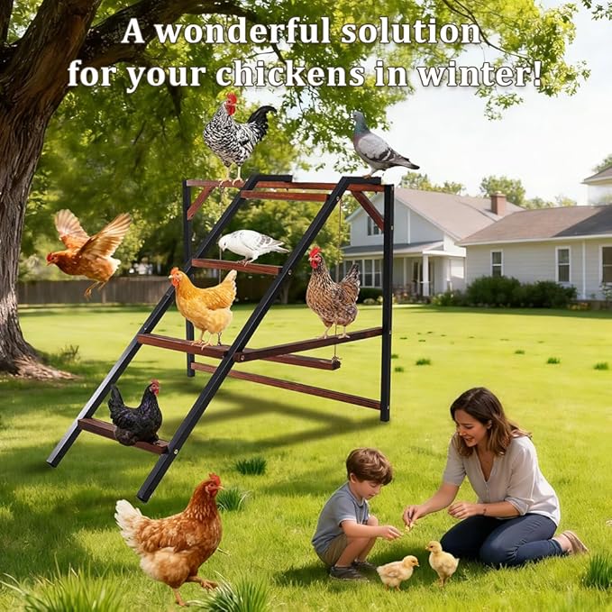 Chicken Perch Swing, Chicken Roosting Bars with Ladder for Coop, Metal Pet Swing Set for Pet's Healthy & Happy for 8-10 Chick (Walnut 1)