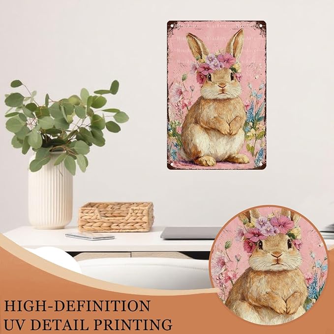 Cute Bunny Metal Sign Vintage Easter Design Rustic Farmhouse Decor Suitable For Home Garden Bar Cafe Outdoor Indoor Wall Display 8X12Inch
