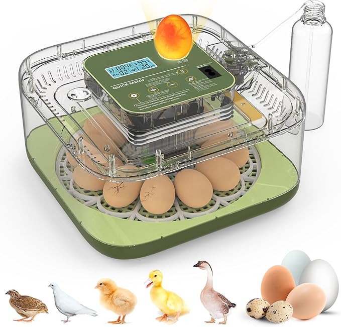 12 Egg Incubator with Automatic Turning, Temperature and Humidity Control, LED Egg Candler, and Auto Water Addition, for Hatching Chicken, Goose, Duck, Quail, Pigeon, and Turkey Eggs