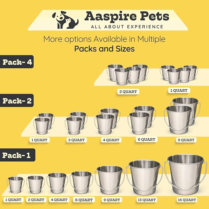 1 quart Heavy Duty Stainless Steel Round Bucket with Handle | 0.25 gal Sturdy Food & Water Bowl for Small Bird Dog Cat & Livestock | Fits kennel Crate Cage Farm | Hanging Utility Pet Pail