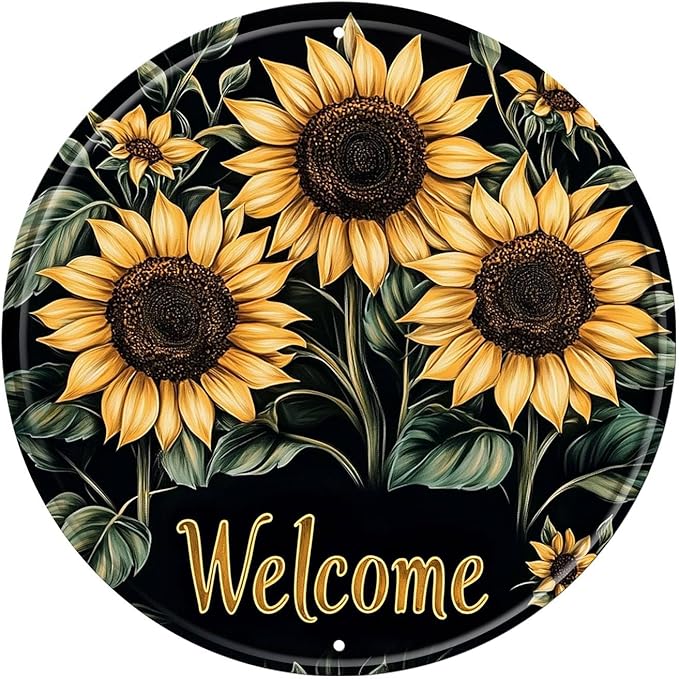 Sunflower Round Metal Tin Sign Wreath Welcome Metal Tin Sign Vintage Aluminum Wall Art for Home Garden Porch Yard Fence Retro Wall Decor 12x12inch