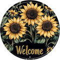 Sunflower Round Metal Tin Sign Wreath Welcome Metal Tin Sign Vintage Aluminum Wall Art for Home Garden Porch Yard Fence Retro Wall Decor 12x12inch