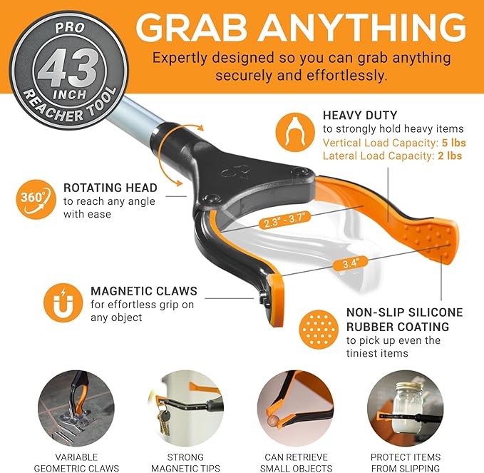 EZPIK Pro 43" Foldable Grabber Reacher Tool for Seniors - Grabbers for Elderly Reaching Tool Heavy Duty Pickup Trash Picker Upper Equipment - Claw Grabber Stick for Reaching Aids, Weed Gripper