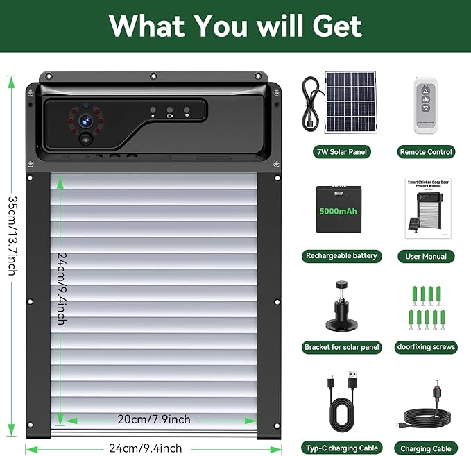 Automatic Chicken Coop Door with Camera, Solar Powered Smart Chicken Door with WiFi App Control, 1080P HD Night Vision, 5000 mAh Battery, Anti-Pinch Safety, Smart Alerts, Space-Saving Roll-Up Design