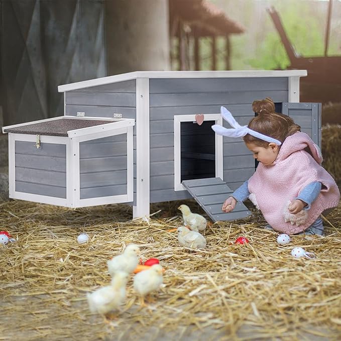 Petsfit Large Chicken Coop with Upgraded Perches, Wooden Outdoor Chicken Cage with Large Nesting Box, Weatherproof Open Asphalt Roof &Removable Bottom, Duck House, Rabbit Hutch