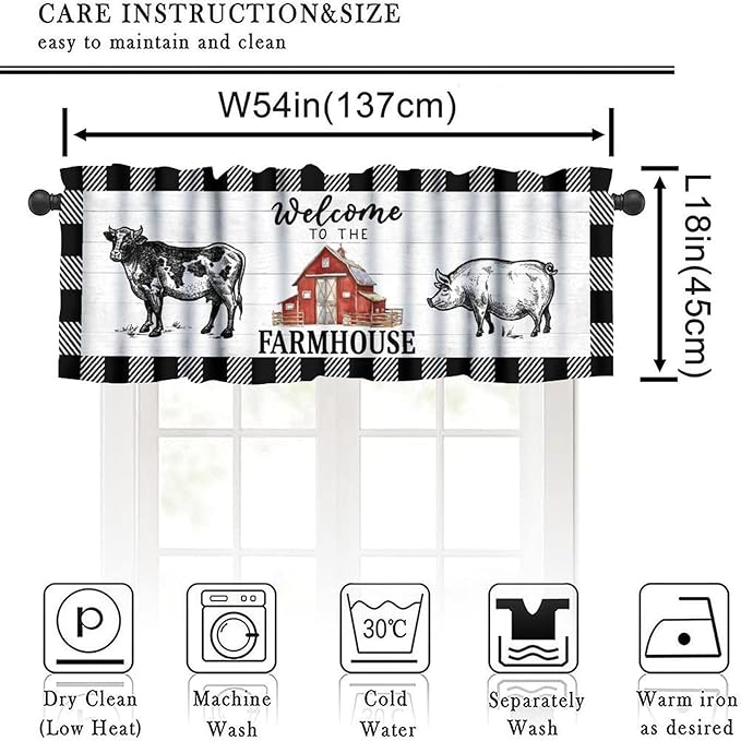 Farm Animals Valance Curtains Farmhouse Cow Pig Rustic Retro Wooden Board Black White Buffalo Check Art Print Rod Pocket Curtain Valance for Kitchen Bedroom Living Room Decor 1 Panel W54xL18 Inch