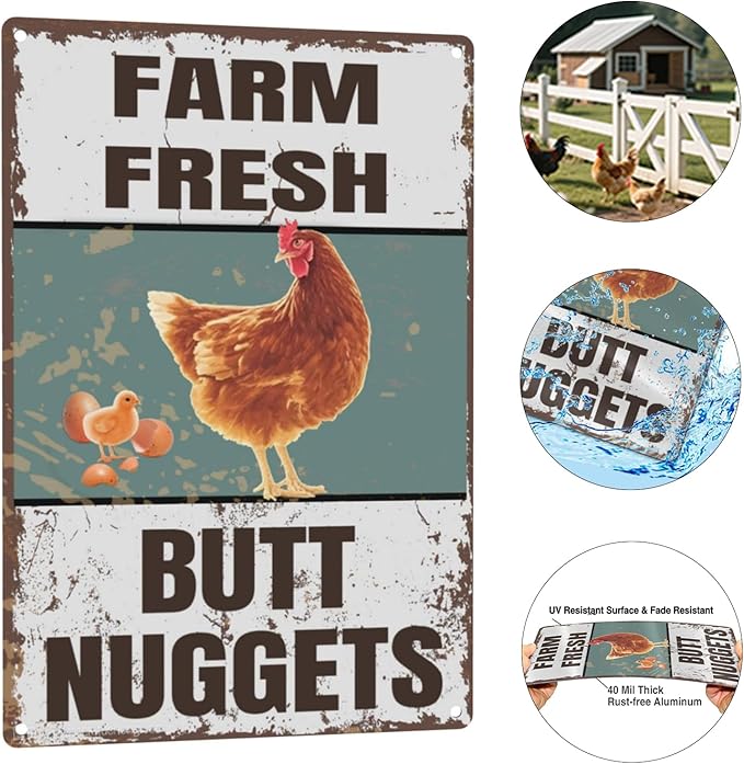 Vintage Metal Signs Chicken Coop Signs "Farm Fresh Butt Nuggets" Signs for Farm Yard Decor, Tin Sign for Home Kitchen Outdoor Decor, 8×12 inch