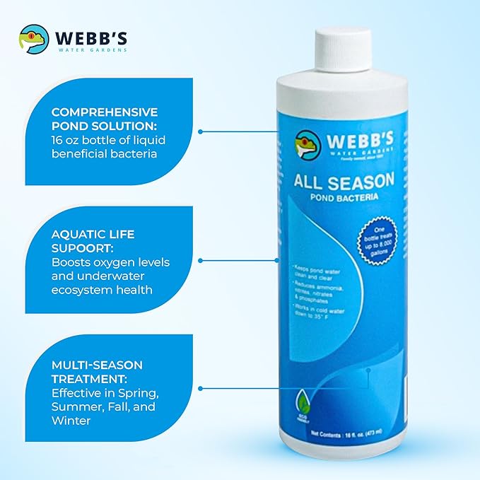 Webb's Water Garden All Season Beneficial Bacteria for Ponds, Enhances Water Clarity and Reduces Odors, Safe for Fish and Plants - 16 Ounces