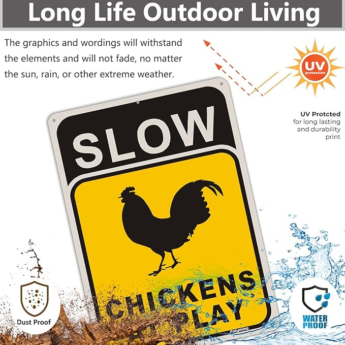 2 Pack Slow Chickens at Play Sign Chicken Crossing Sign 14 x 10 Inches Chicken Coop Signs for Farm Metal Reflective Rust Aluminum Weatherproof UV Protected Easy Mount Indoor Outdoor Use