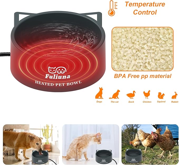 3.2L Large Heated Water Bowl, Outside Heated Dog Dish with Chew Resistant Power Cord, Thermal Bowls Provide Drinkable Water in Winter, Anti-Slip Pet Bowls for Dog Cat Rabbit Chicken Duck Grey