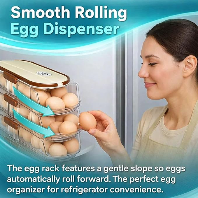 3-Tier Egg Dispenser for Refrigerator, Rolling Egg Organizer with Time Tracker, Stackable BPA-Free Egg Container Holds 42 Eggs, Fresh Egg Holder for Countertop Storage
