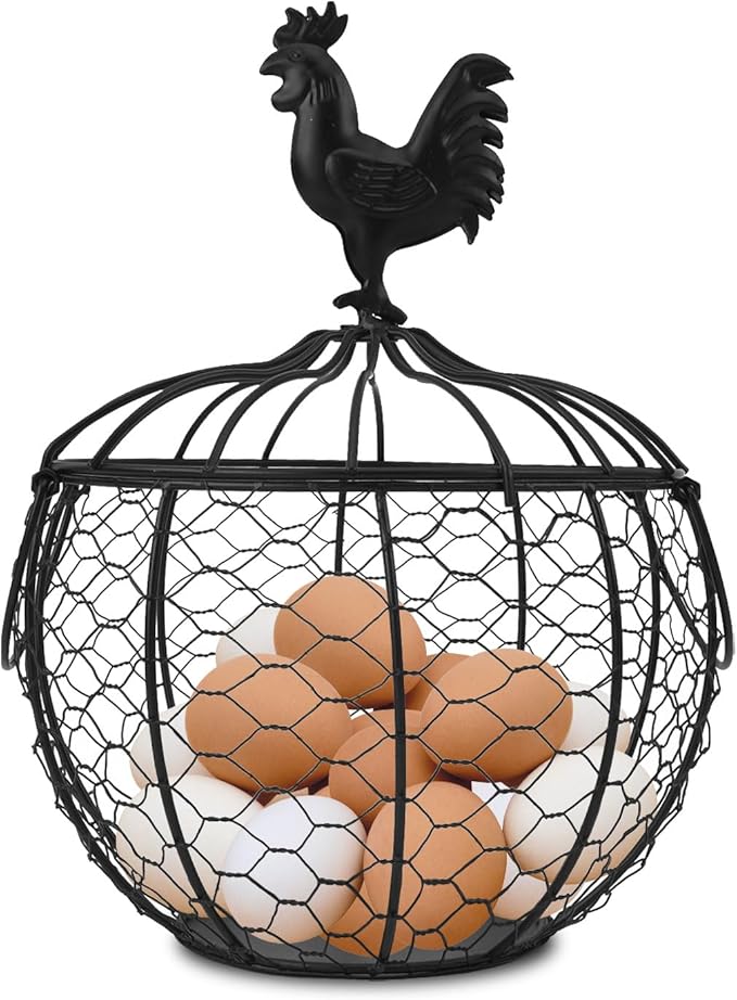 Wire Egg Basket for Gathering Fresh Eggs Collecting Basket With Handle, Decorative Egg Metal Basket for Counter, Fresh Chicken Egg Basket With Chicken Decorated Lid, Countertop Egg Fruit Storage