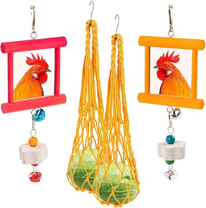 RLRICH 6 PCS Chicken Toys for Coop, Hanging Swing Mirror with Bells Chicken Vegetable Cabbage Feeder for Hens Goose Duck, Chick Beak Grinding Calcium Stone Chewing Toy Chicken Coop Accessories