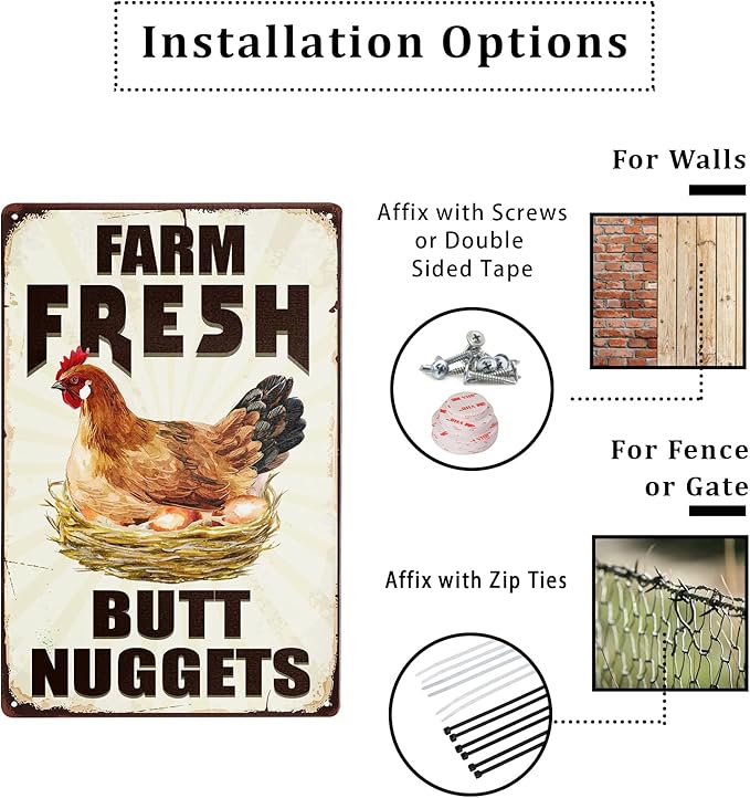 Farm Fresh Butt Nuggets Metal Chicken Coop Sign, Funny Chicken Decor for Country Cottage, Egg Sale Outdoor Wall Art 8x12Inch