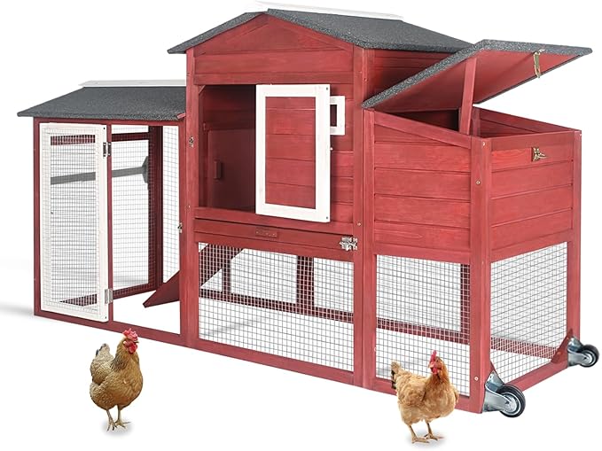 71" Chicken Coop Large Wooden Chicken Tractor - with Wheels Waterproof Outdoor Hen House Poultry Cage Back Yard Chicken Coops with Run, Laying Boxes and Secure Enclosure