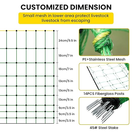 Electric Fence Netting, 49.6" H x 164'L Electric Anti-Predator Poultry Fence, PE Net Fencing Kit with 14 Posts Double Spiked, Movable Livestock Nets for Sheep, Hogs, Cattle and Other Big Poultry