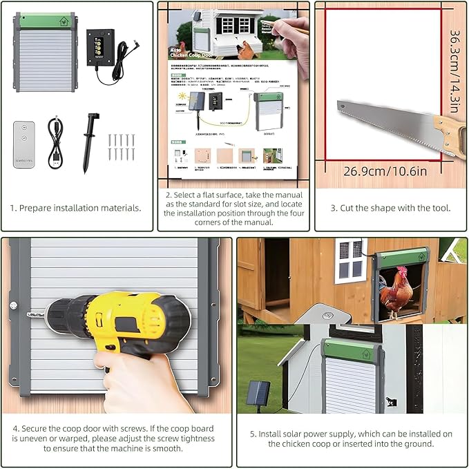 Upgraded Automatic Chicken Coop Door, Solar Henhouse Door Opener with Timer/Light Sensor/Remote Control/Manual Mode Aluminum Alloy 4 Modes Automatic Chicken Door with Anti-Pinch Design (Green)