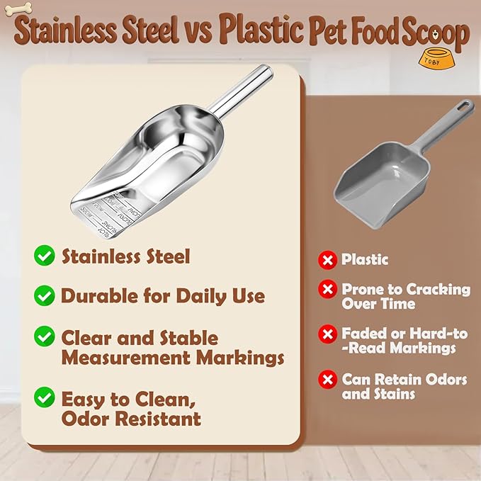 BABORUI Dog Food Scoop Stainless Steel with 1, 3/4, 1/2, 1/4 Cup Measurement, Pet Food Measuring Scoop for Dry and Wet Pet Food, Daily Metal Precision Feeding Tool for Dogs Cats